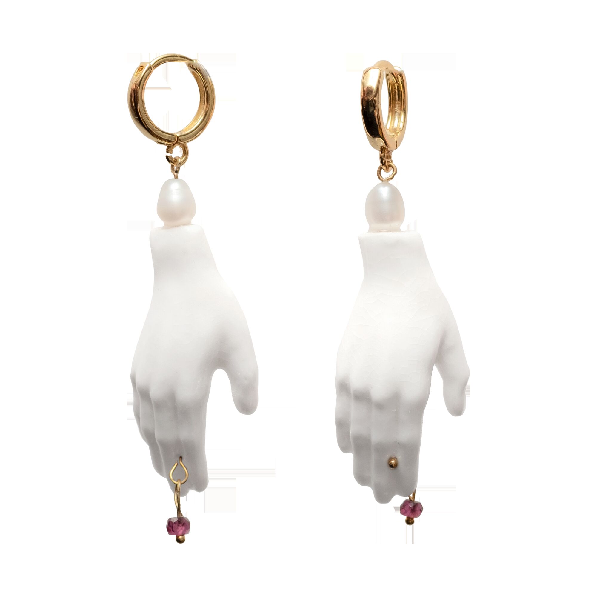 Porcelain hand earrings with garnet and faux pearls