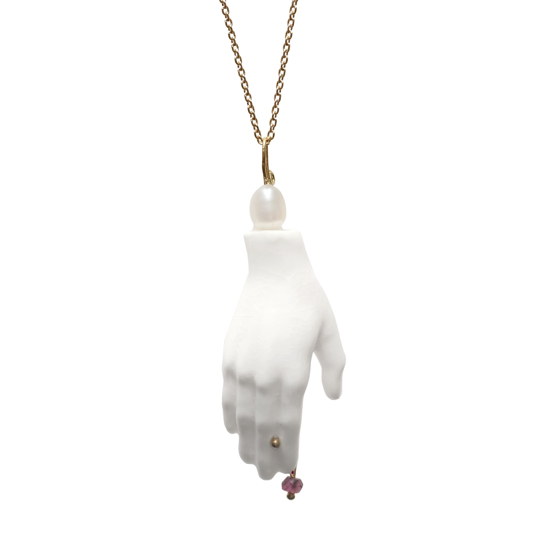 Porcelain hand pendant with garnet and faux pearl